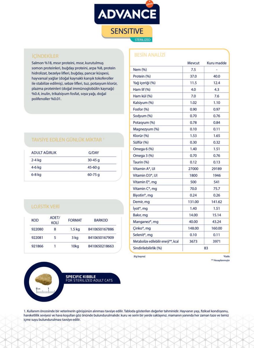 Advance Sensitive Somonlu Kısırlaştırılmış Kedi Maması 10 Kg