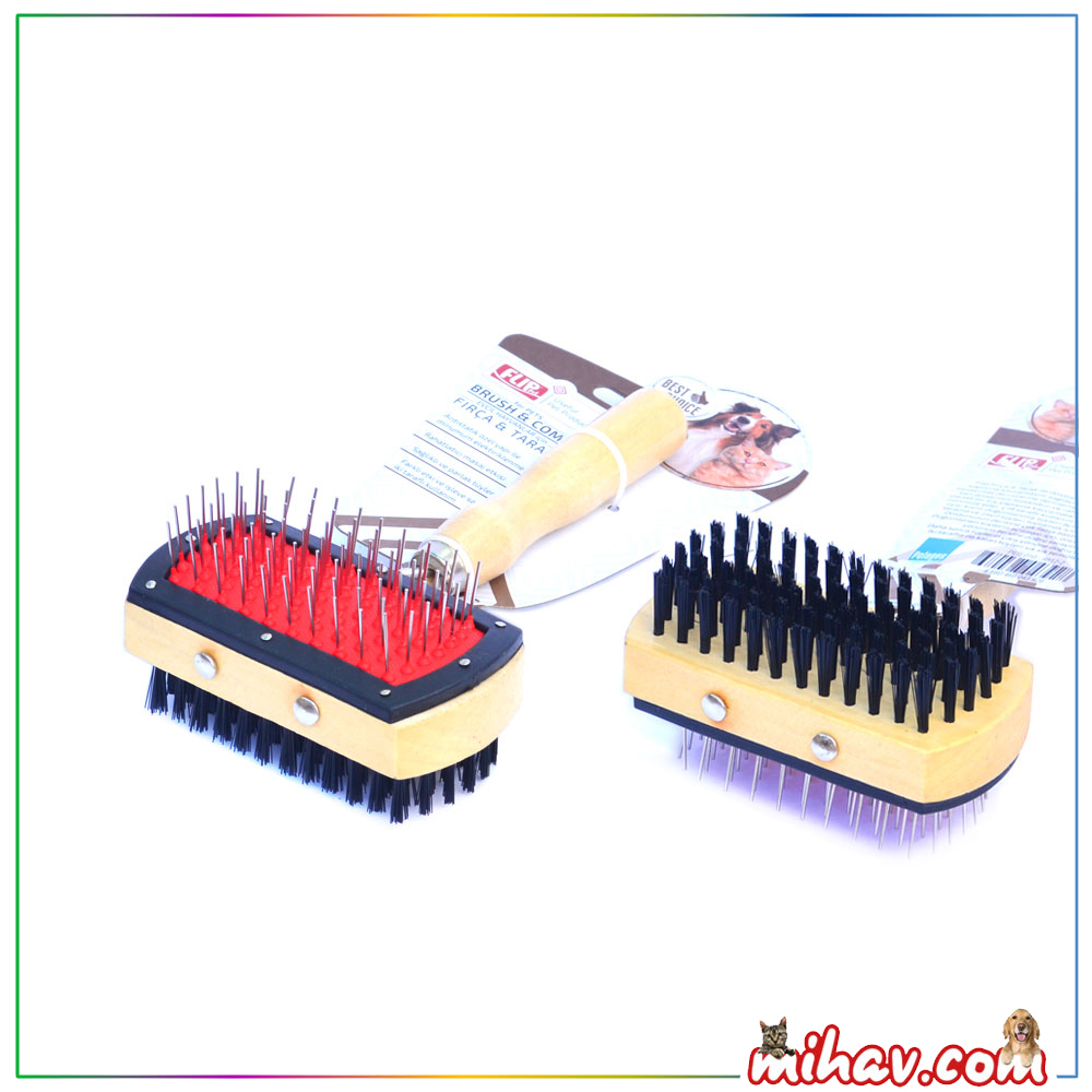 Flip Ahşap Saplı Çift Taraflı Kedi Köpek Tüy Tarama Fırçası 10x17 cm