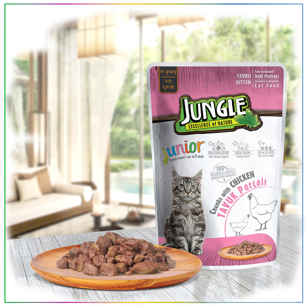 Jungle Pouch Kitten Tavuk Parçalı Jel İçinde Yavru Kedi Yaş Maması 100 gram