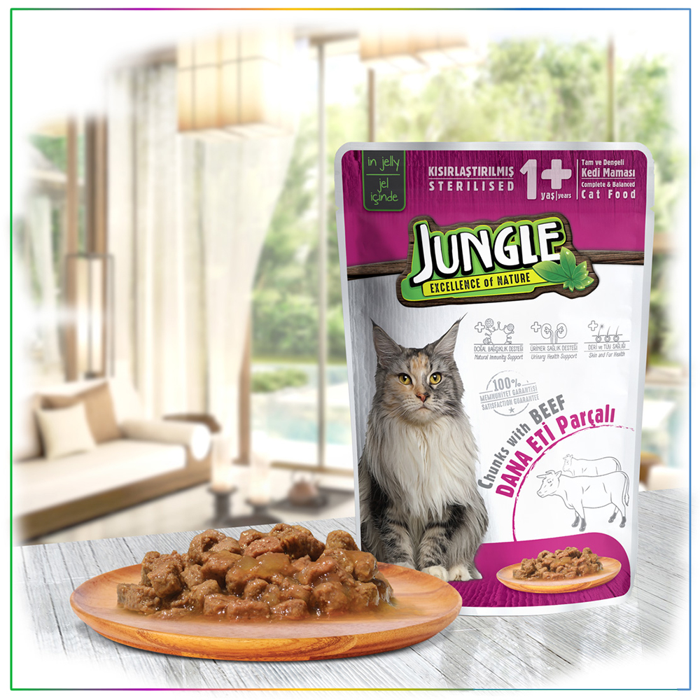 Jungle Pouch Dana Eti Parçalı Jel İçinde Kısırlaştırılmış Kedi Yaş